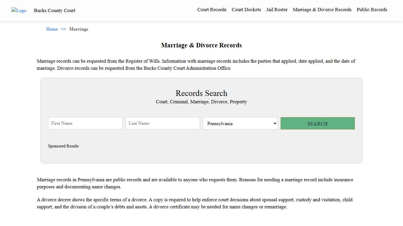 Marriage & Divorce Records | Bucks County Court